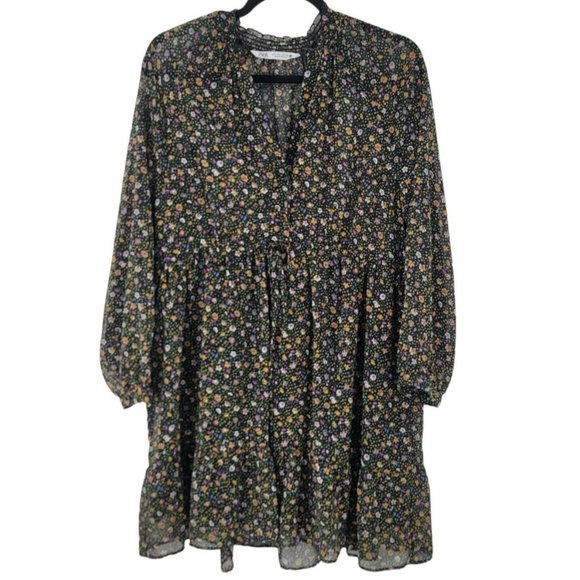 Zara Dresses & Skirts - Zara Mini Babydoll Dress Floral Tie Long Sleeve Sheer Ruffle Large Boho Flowy